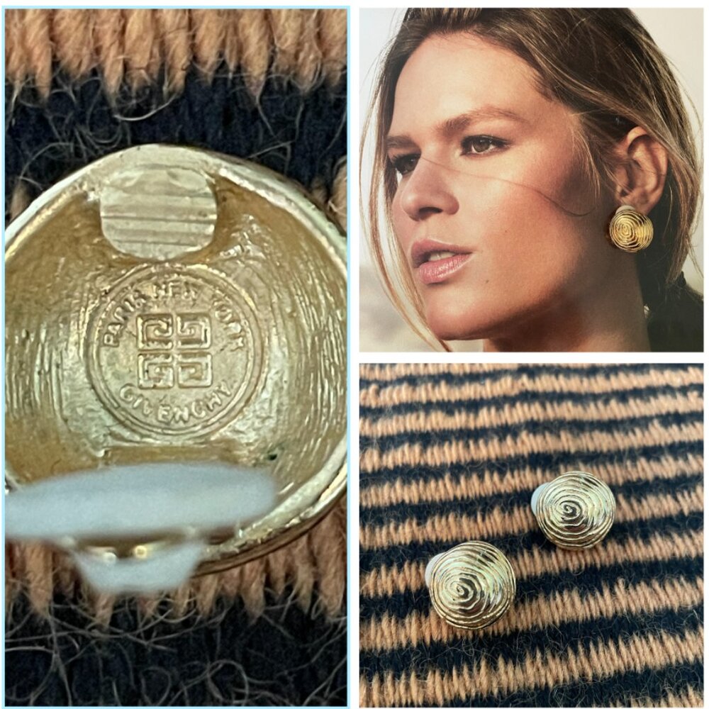 Vintage Givenchy Paris New York Gold Tone Swirl Pattern Clip On Earrings